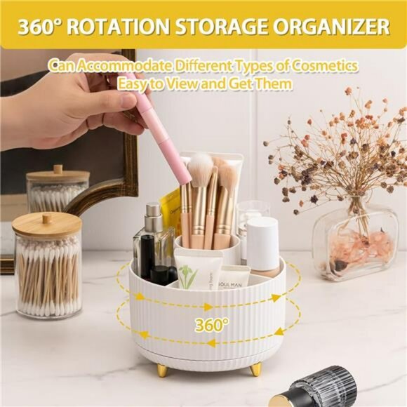Rotating Makeup Organizer Brush Holder Desktop Cosmetic Storage Box White - Picture 4 of 8